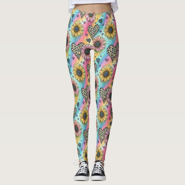 Sunflower & Leopard Heart Rainbow Leggings (Front)