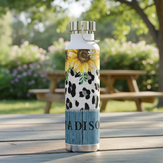Sunflower Leopard Print Rustic Chic Name Water Bottle (Creator Uploaded)