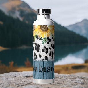 Sunflower Leopard Print Rustic Chic Name Water Bottle