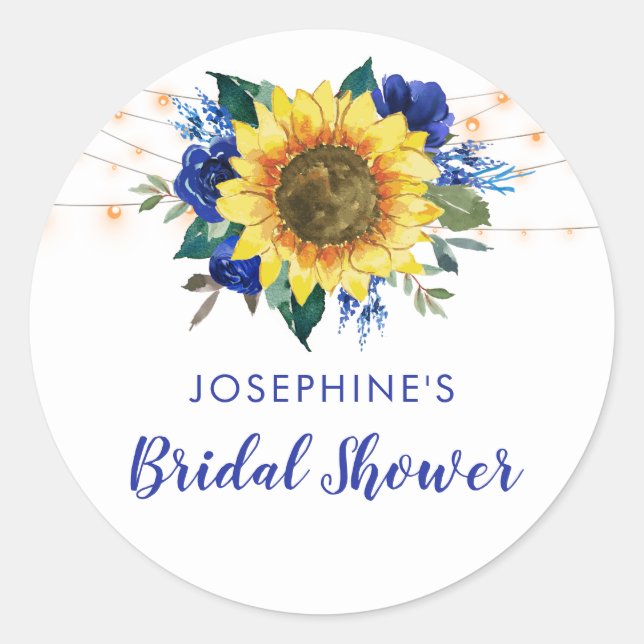 Sunflower Lights Blue Floral Bridal Shower Classic Round Sticker (Front)