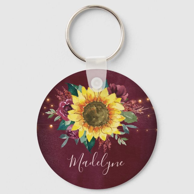 Sunflower Lights Floral Burgundy Keychain (Front)