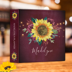 Sunflower Lights Floral Burgundy Watercolor Binder