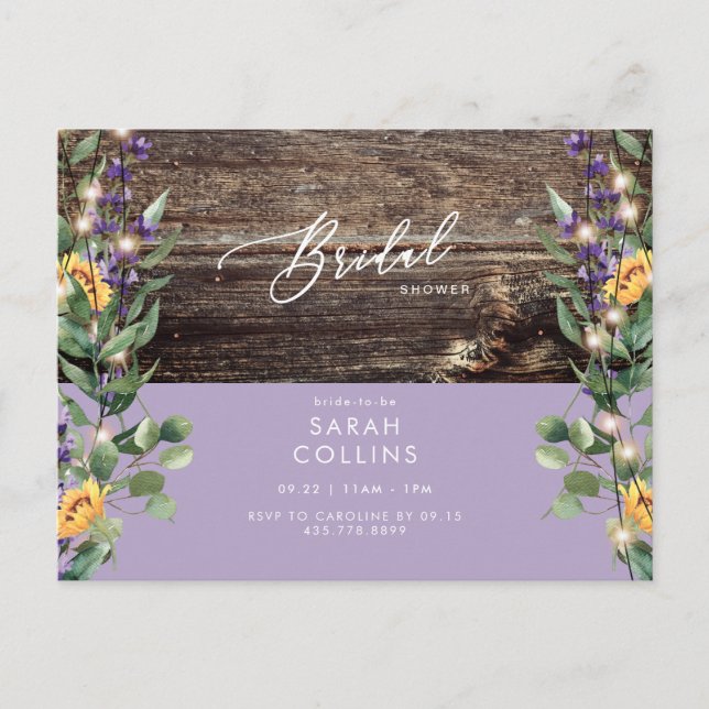 Sunflower Lights & Lavender Bridal Rustic Shower   Invitation Postcard (Front)