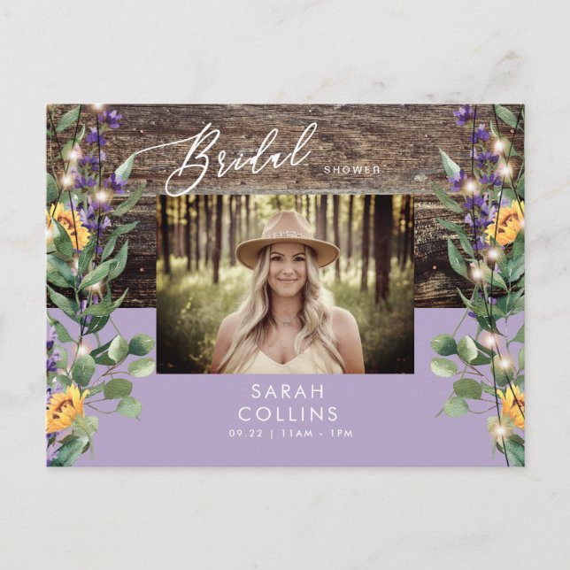 Sunflower Lights & Lavender Photo Rustic Bridal  Invitation Postcard (Front)