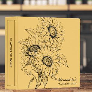 Sunflower Line Illustration Monogram Recipe Binder