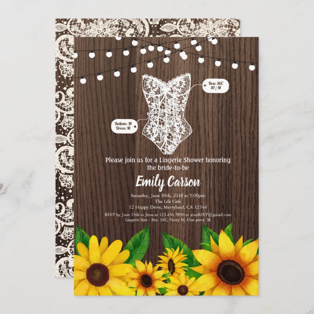 Sunflower lingerie shower invitation rustic wood (Front/Back)