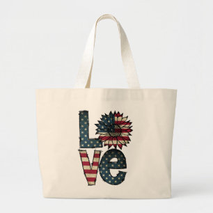 Sunflower Love   American Flag   Stars and Stripes Large Tote Bag