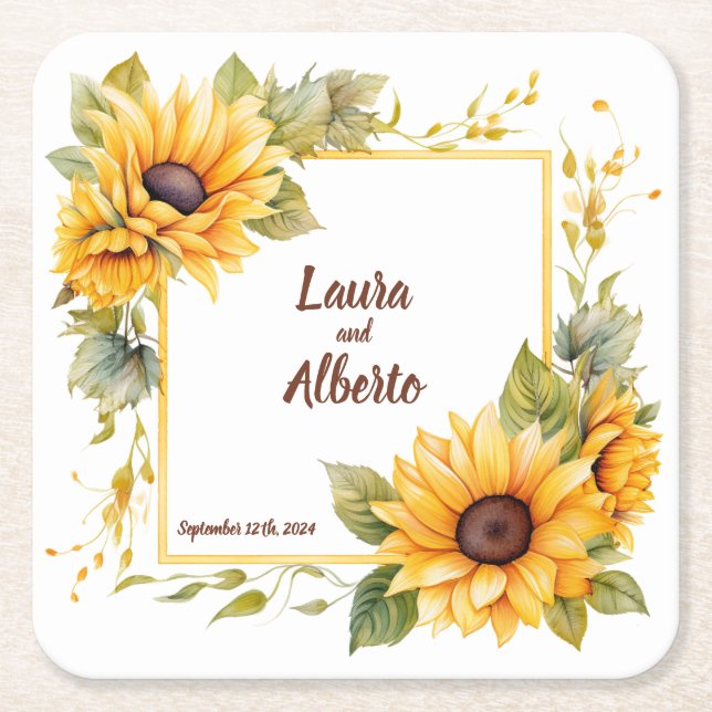 Sunflower Love: Personalized Wedding Coasters (Front)