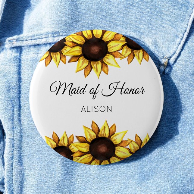 Sunflower Maid of Honour Floral Yellow White Butto 2 Inch Round Button (Creator Uploaded)