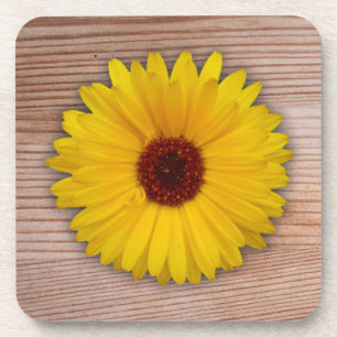 Sunflower Marigold on Rustic Wooden Boards Coaster