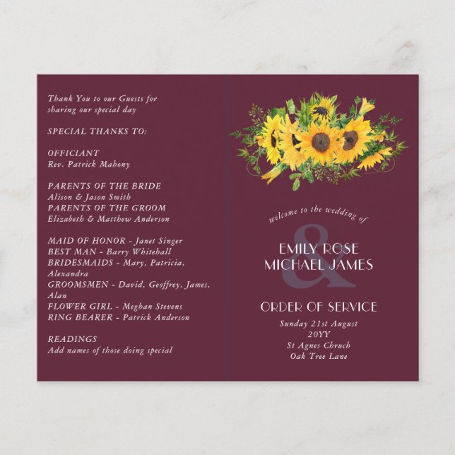 Sunflower Maroon Wedding Program or other event (Front)