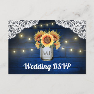 Sunflower Mason Jar Blue Wood Wedding RSVP Cards