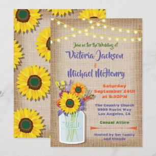 Sunflower Mason Jar Burlap Invitations de mariage
