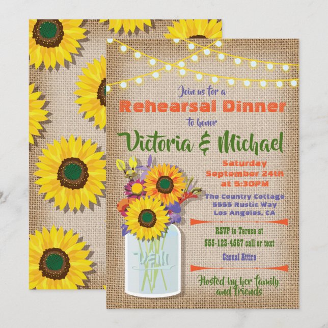 Sunflower Mason Jar Burlap Rehearsal Dinner Invitation (Front/Back)