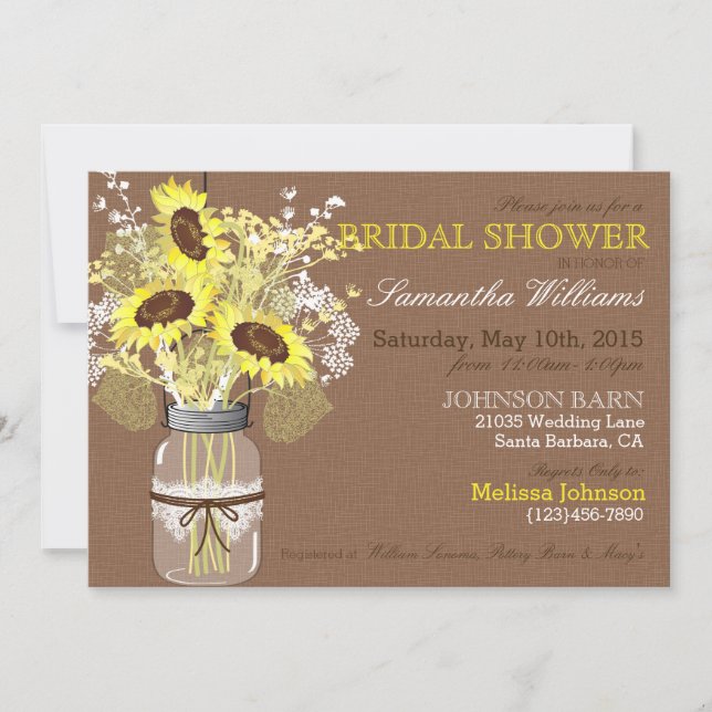 Sunflower Mason Jar Burlap Rustic Bridal Shower Invitation (Front)