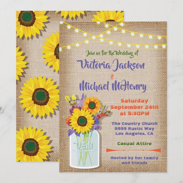 Sunflower Mason Jar Burlap Wedding Invitations (Front/Back)