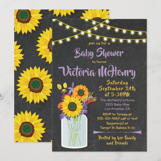 Sunflower Mason Jar Chalkboard Baby Shower Invitation (Front/Back)