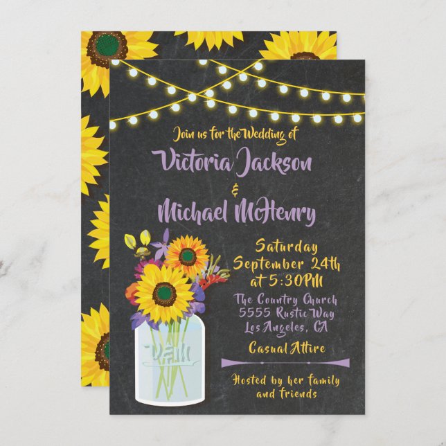 Sunflower Mason Jar Chalkboard Invitations de mari (Devant / Derrière)