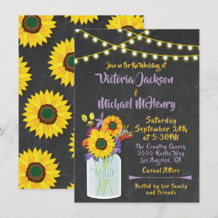 Sunflower Mason Jar Chalkboard Wedding Invitations