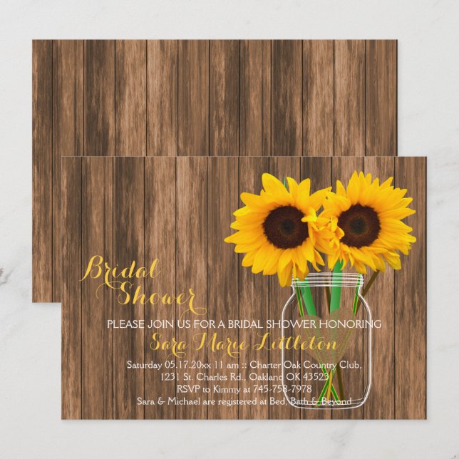 Sunflower Mason Jar Invitations Fêtes des mariées (Devant / Derrière)
