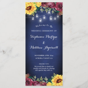 Sunflower Mason Jar Lights Navy Blue Wedding Program