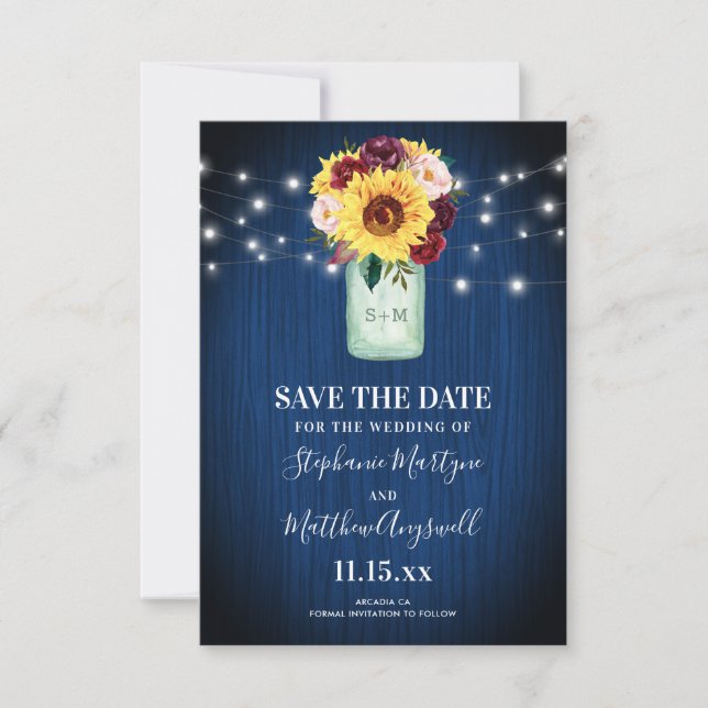 Sunflower Mason Jar Navy Blue Save The Date (Front)