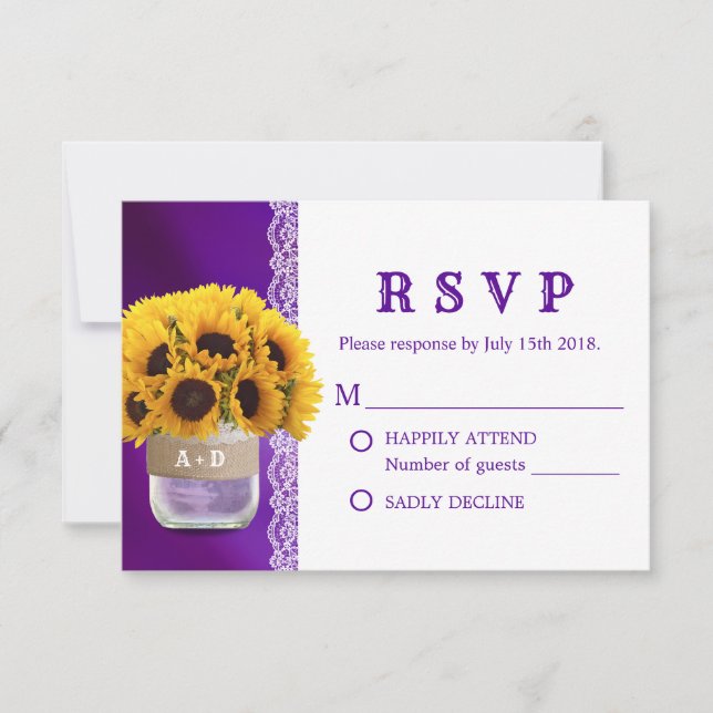 Sunflower Mason Jar Purple Wedding RSVP Card (Front)