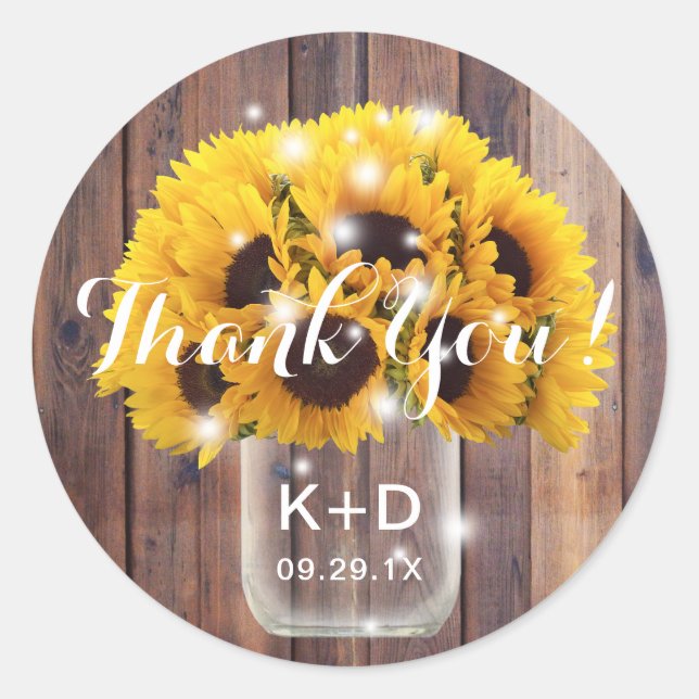 Sunflower Mason Jar Rustic Barn Wedding Thank You Classic Round Sticker (Front)
