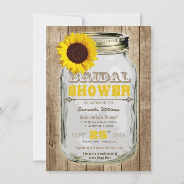 Sunflower Mason Jar Rustic Bridal Shower Invitation (Front)