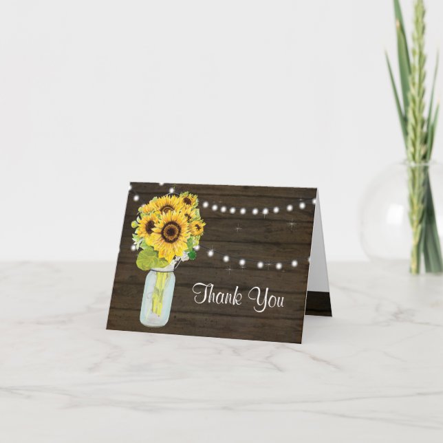 Sunflower Mason Jar Rustic Country Fairy Lights Thank You Card (Front)