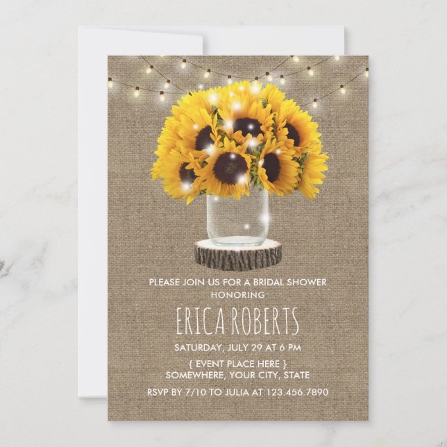 Sunflower Mason Jar & String Lights Bridal Shower Invitation (Front)