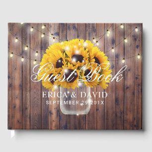 Sunflower Mason Jar String Lights Rustic Wedding Guest Book