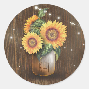 Sunflower Mason Jar Wedding Lights Rustic Classic Round Sticker