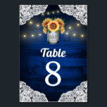 Sunflower Mason Jar Wedding Table Number Cards<br><div class="desc">Sunflower Mason Jar Wedding Table Number Cards - feature a royal navy or blue barn wood background trimmed with lace and decorated with warm coloured string twinkle lights. The design also features a bouquet of sunflowers inside a mason jar that you can customize the initials to those of your choice....</div>