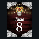 Sunflower Mason Jar Wedding Table Number Cards<br><div class="desc">Sunflower Mason Jar Wedding Table Number Cards - feature a deep red barn wood background trimmed with lace and decorated with warm coloured string twinkle lights. The design also features a bouquet of sunflowers inside a mason jar that you can customize the initials to those of your choice.</div>