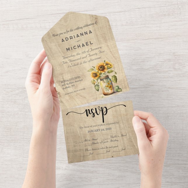 Sunflower Mason Jar Wood All in One Wedding Invite (Tearaway)