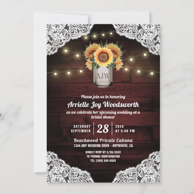 Sunflower Mason Jar Wood Bridal Shower Invitations (Front)