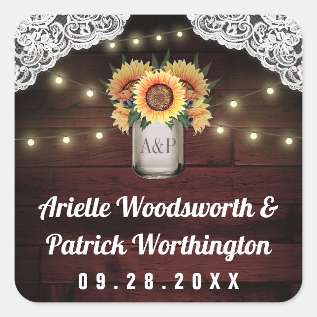 Sunflower Mason Jar Wood Lace Wedding Favour Square Sticker (Front)