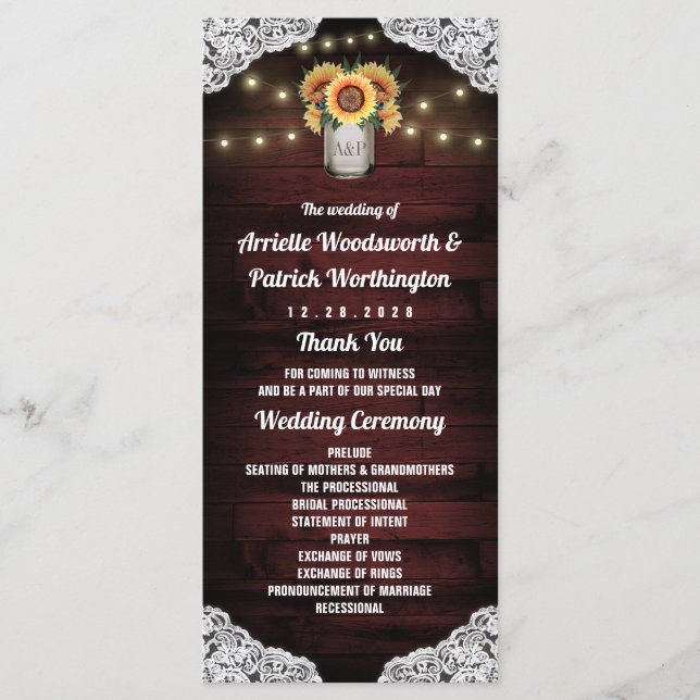 Sunflower Mason Jar Wood Lace Wedding Programs (Front)