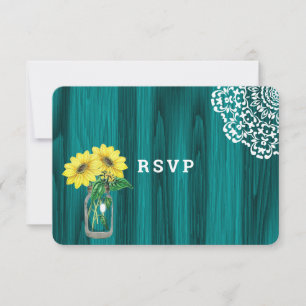 Sunflower Mason Jar Wood Rustic Wedding RSVP Card