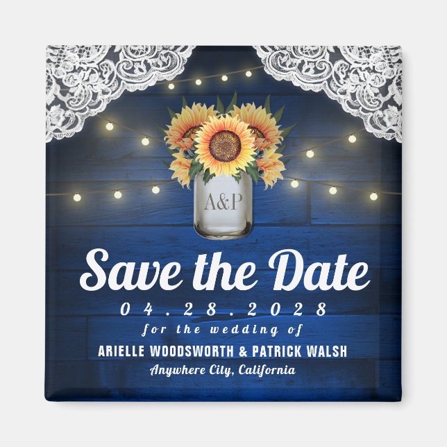 Sunflower Mason Jar Wood Save the Date Magnets (Front)