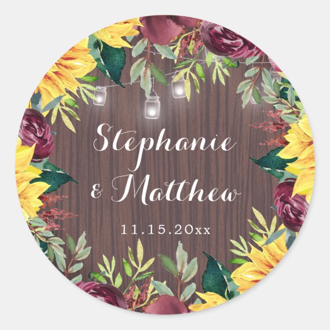 Sunflower Mason Jars Lights Floral Wedding Classic Round Sticker (Front)