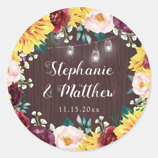 Sunflower Mason Jars Wood Burgundy Wedding Classic Round Sticker (Front)