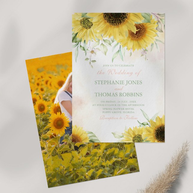 Sunflower Meadow Couple Photo Wedding Invitation (Sunflower Meadow Couple Photo Wedding Invitation on white table with pampas grass.)