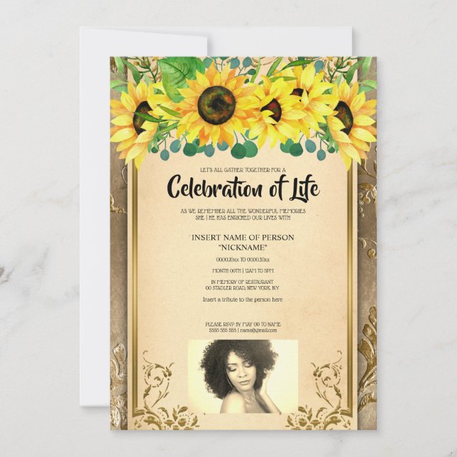 Sunflower memorial death anniversary sepia photo invitation (Front)