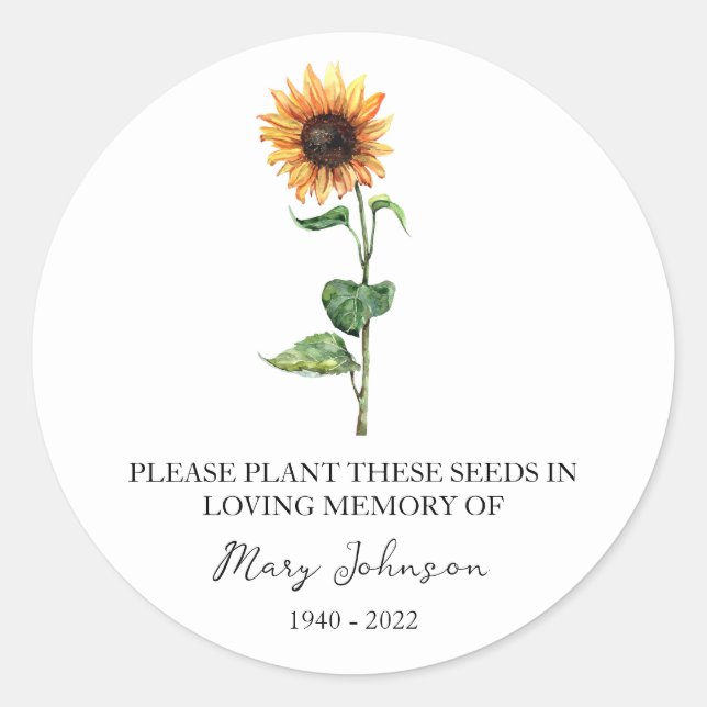 Sunflower Memorial Funeral Seed Packet Classic Round Sticker (Front)