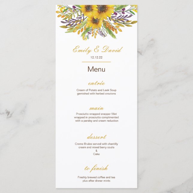 Sunflower Menu, Wedding Menu, Baby Shower Menu (Front)