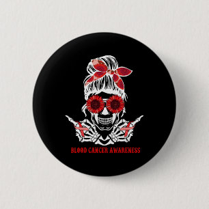Sunflower Messy Bun Skull Red Ribbon Blood Cancer  2 Inch Round Button
