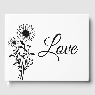 Sunflower Minimalist Black White Floral Wedding Guest Book