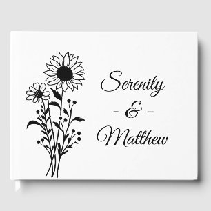 Sunflower Minimalist Black White Floral Wedding Guest Book